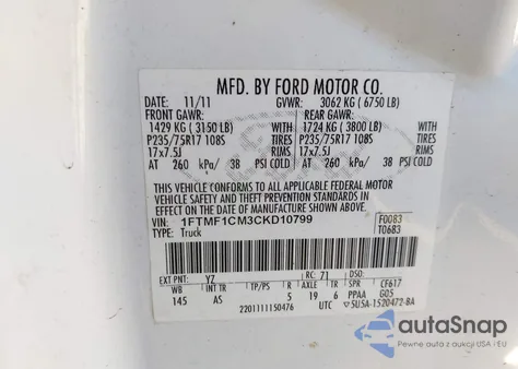 2012 Ford F-150 Xl из США, поврежденный, VIN 1FTMF1CM3CKD10799